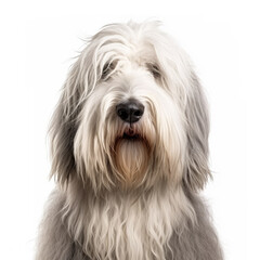 Bearded collie , (Old english sheepdog)portrait, in front of a white background, ai generative