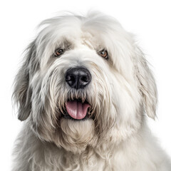Portrait of a Bearded collie , (Old english sheepdog), in front of a white background, ai generative