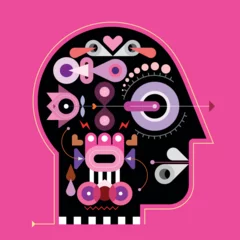 Foto op Plexiglas Abstracte kunst Human head shape design includes many abstract different objects and elements isolated on a bright red background, flat style vector graphic illustration.