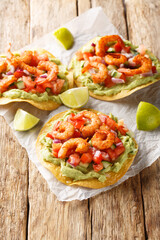 Delicious tostada with shrimps, fresh vegetables and guacamole close-up on a wooden table. Vertical