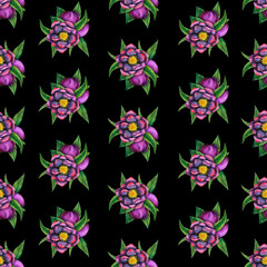 Hellebore black. Seamless pattern of watercolor elements on a dark background. Hand drawn flowers, buds and leaves. Watercolor botanical work for cards, invitations, textiles and paper products