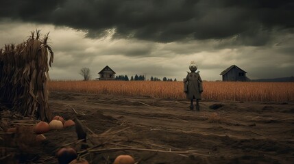 A desolate landscape under a dark, stormy sky with a scarecrow in the foreground. The scene exudes a feeling of solitude and eeriness. Generative AI