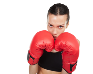 Serious woman, portrait and boxer in defense martial arts for fight isolated on a transparent PNG background. Female person or fighter with boxing gloves in fitness training, practice or competition