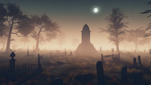 A desolate, foggy graveyard under a full moon, setting a somber and mysterious mood. Generative AI