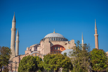 Fototapeta na wymiar Sunny day architecture and Hagia Sophia Museum, in Eminonu, istanbul, Turkey. Turkiye