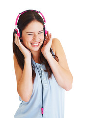 Music headphones, excited and happy woman listening to fun song, audio podcast or radio sound. Young female model streaming playlist with mp3 headset and smile isolated on transparent, png background