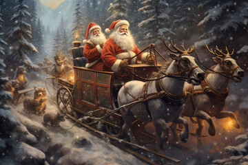 Santa Claus in a sleigh in the snow street (ai generated)