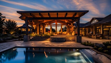 Beautiful custom outdoor kitchen & living area design of high-end luxury style custom homes.