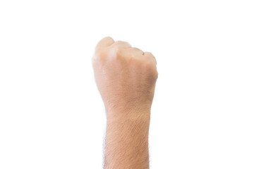 Close-up man's back of handful. close outstretched hand, showing zero fingers means number zero, extended in greeting copy space isolated on white background. Space for text.