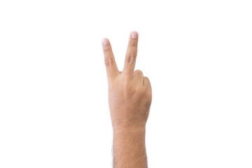Close-up man's back of hand. Open outstretched hand, showing two fingers means number two, extended in greeting copy space isolated on white background. Space for text.