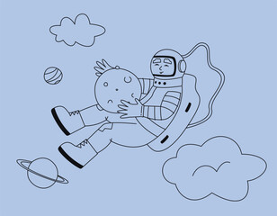 Astronaut holding planet. Male character in outline style.