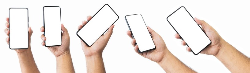 Male hand holding black smartphone with blank screen and modern frameless design two positions...