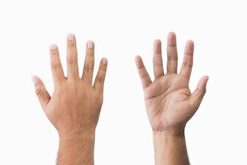 Obraz na płótnie Canvas Close-up set man's palm and back of hand goodwill gesture. Open outstretched hand, showing five fingers, extended in greeting copy space isolated on white background. Space for text.