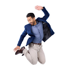 Energy, success and a business man jumping isolated on a transparent background in celebration of...