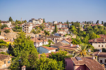 Old town Kaleici in Antalya. Panoramic view of Antalya Old Town port, Taurus mountains and Mediterrranean Sea, Turkey