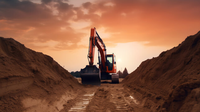 Digging Truck With Sunset 