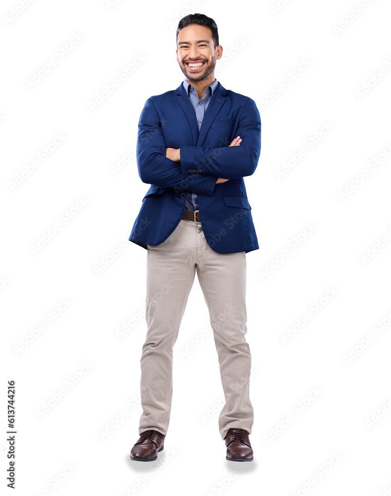 Poster portrait, smile and arms crossed with a business man isolated on a transparent background for corpor