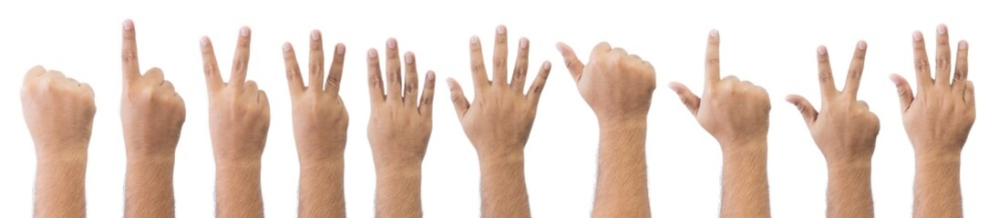 Set Close-up man's back of handful. close outstretched hand, showing zero to five fingers means number zero to nine, extended in greeting copy space isolated on white background. Space for text.