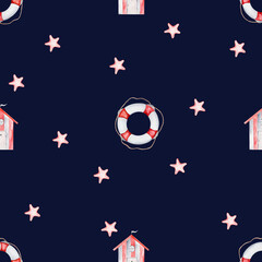 seamless watercolor pattern in marine style on a blue background. cute childish pattern with houses, lifebuoys, stars.