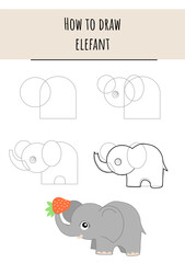 How to Draw Cute Elephant, Step by Step Lesson for Kids cartoon vector illustration
