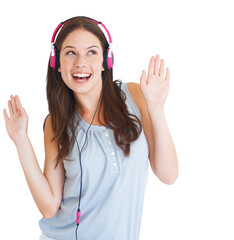 Music, dancing and woman with headphones for listening to song, album or radio with freedom. Technology, dance and happy young female model streaming a playlist isolated by transparent png background