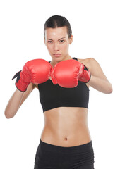 Training, portrait and woman with gloves for boxing in png or isolated and transparent background. Exercise, female boxer and fist fight with champion and energy with courage in in battle challenge.