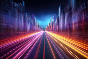 Fototapeta Speed light trails path through smart modern mega city and skyscrapers town with neon futuristic technology background, future virtual reality, motion effect, high speed light, with Generative Ai. obraz