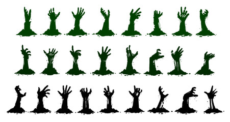 Vector set of zombie hands in different poses, isolated on white background