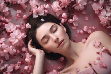 Beautiful woman with sakura flowers, Generative Ai 