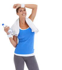Fitness, tired and woman with towel and water on isolated, PNG and transparent background. Sports, wellness and happy female model with bottle sweating for exercise, training and cardio workout - obrazy, fototapety, plakaty