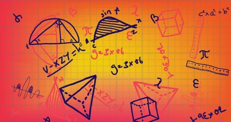Animation of mathematical equations and formulas floating against yellow gradient background - Powered by Adobe