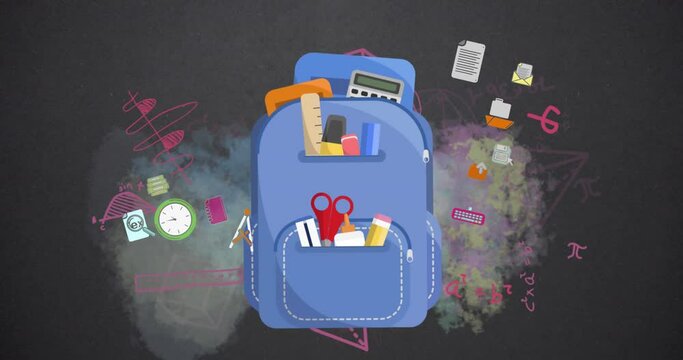 Animation of school bag icons and mathematical equations against smoke effect with copy space