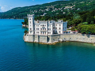 Miramare Castle Trieste Italy drone aerial view. Landscape, background 
