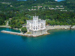 Miramare Castle Trieste Italy drone aerial view. Landscape, background 