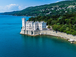 Miramare Castle Trieste Italy drone aerial view. Landscape, background 