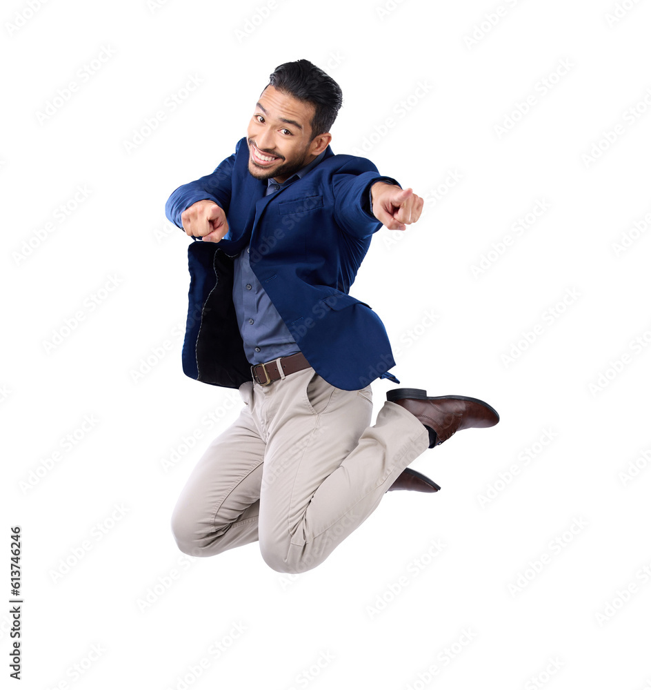 Poster portrait, pointing and a business man jumping isolated on transparent background in celebration of a