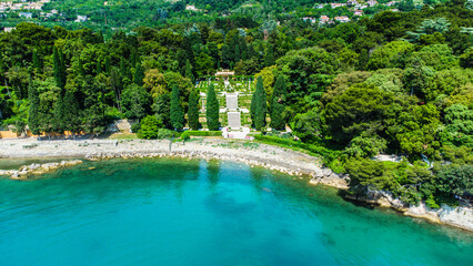 Miramare Castle Trieste Italy drone aerial view. Landscape, background  - obrazy, fototapety, plakaty