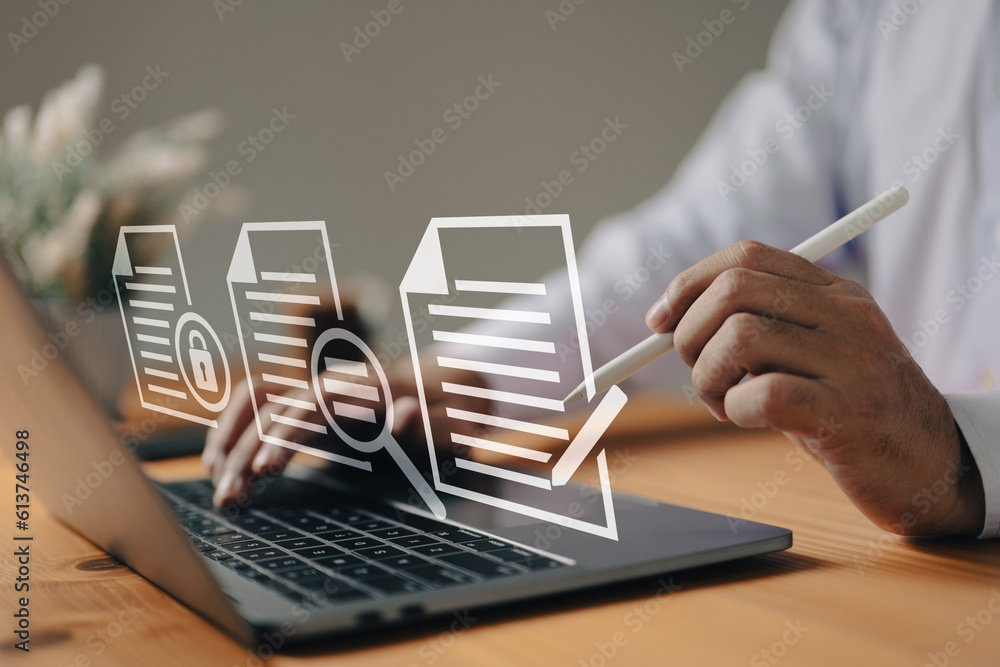 Poster the paperless workplace concept includes e-signing, electronic signature, and document management. a