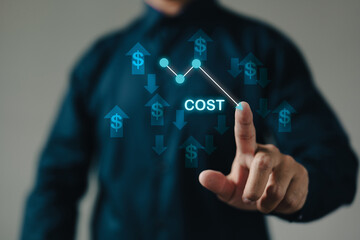 The business finance concept of cost reduction is represented by dollar symbols and a downward arrow, emphasizing the importance of reducing expenses and optimizing financial efficiency.