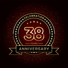 38th anniversary celebration logo design with a golden ring and ribbon, vector template
