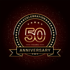 50th anniversary celebration logo design with a golden ring and ribbon, vector template