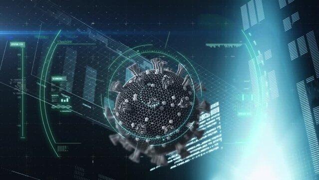 Animation of scope scanning over spinning covid-19 cell and interface with data processing