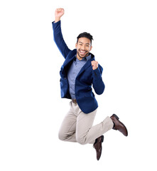Portrait, success and a business man jumping isolated on a transparent background in celebration of...