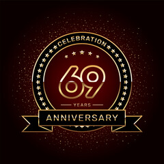 69th anniversary celebration logo design with a golden ring and ribbon, vector template