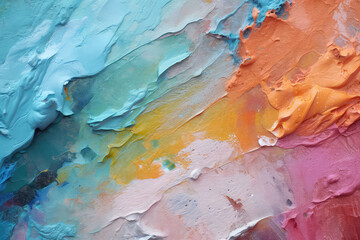 Naklejka premium Texture of multicolored oil paint strokes on art canvas, top view. Close up of strokes of thick paint. Blue, orange, pink pastel colors. Generative AI professional photo imitation.