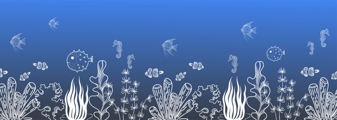 Fototapeta na wymiar Linear illustration of a border with a seabed, fish, seahorses