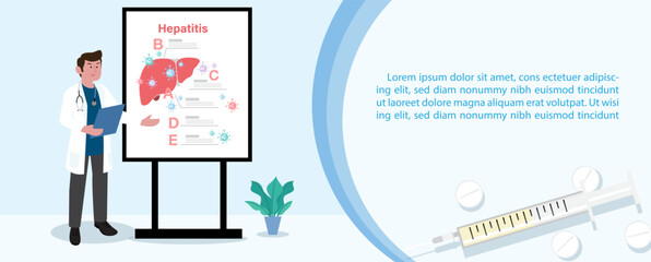 Doctor in cartoon character with information of hepatitis's board in clinic and example texts on abstract pattern and blue background. World hepatitis day's poster campaign in flat style