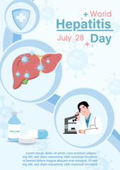 Concept of hepatitis A, B, C, D, and world hepatitis day poster campaign's information, example texts on blue background.