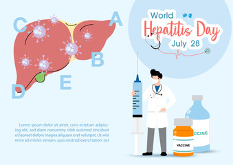 Concept of hepatitis A, B, C, D, and world hepatitis day campaign's poster with doctors treat the liver in flat style and banner vector design. - obrazy, fototapety, plakaty