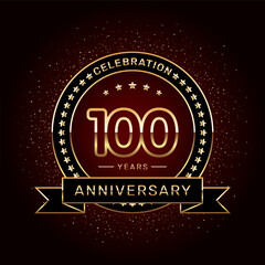 100th anniversary celebration logo design with a golden ring and ribbon, vector template